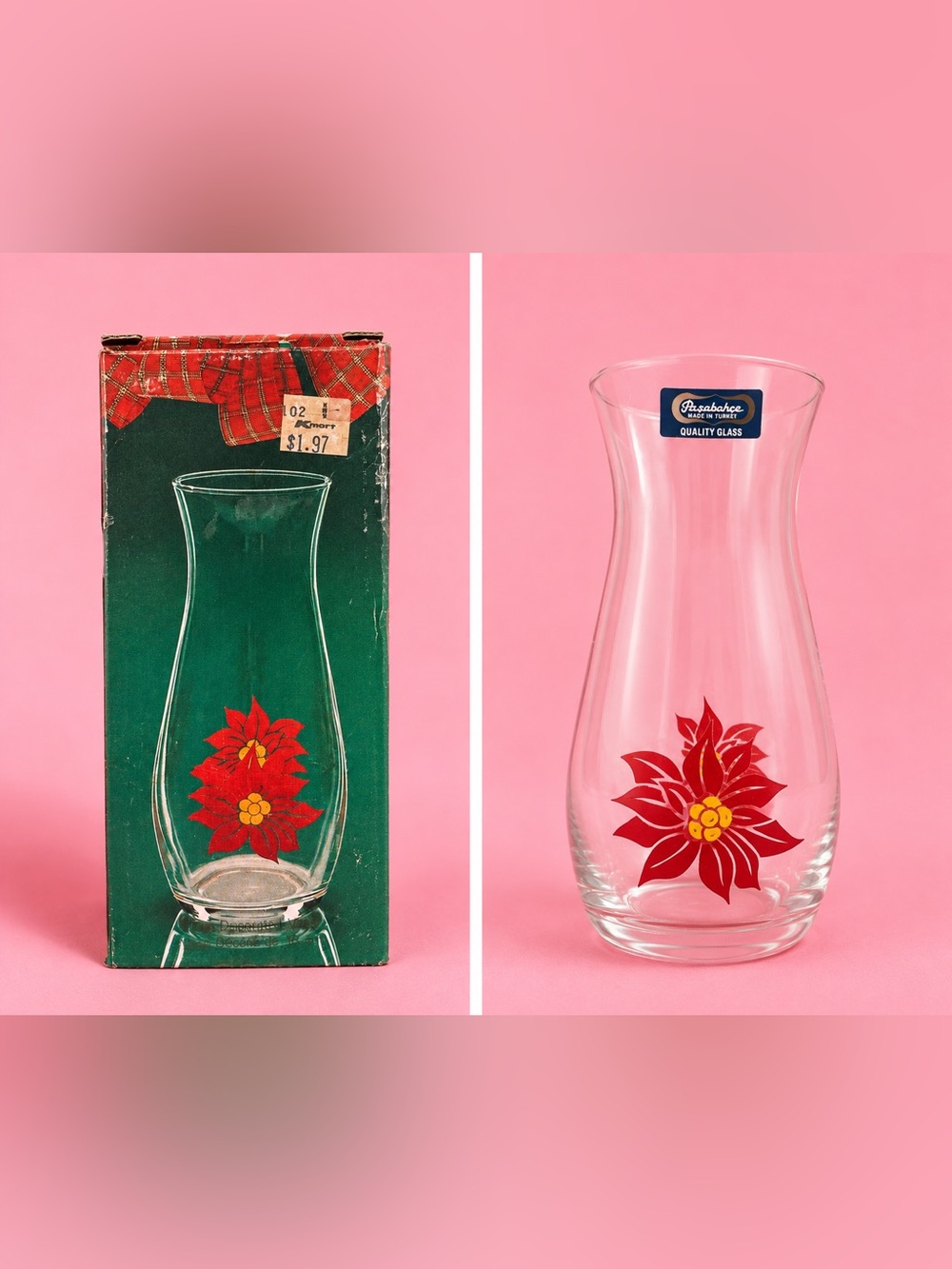 Vintage Glass Vase with Red Floral Decal 1987